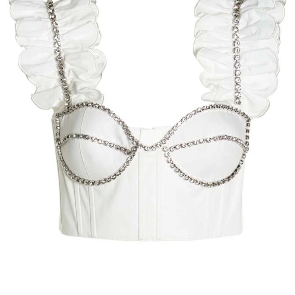 AREA White Embellished Ruffle Top